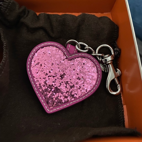 Coach Red & Pink Glitter Heart Keychain Fob Bag Charm Silver Hardware - Picture 8 of 8